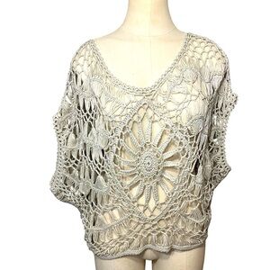 Handmade Crochet Knit Crop Top Beige O/S Boho Short Dolman Sleeve Pullover Shirt